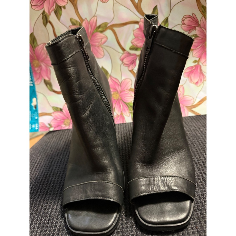 Sol Sana Black Leather Open Toe Block Heel Ankle Booties Side Zip EU 37